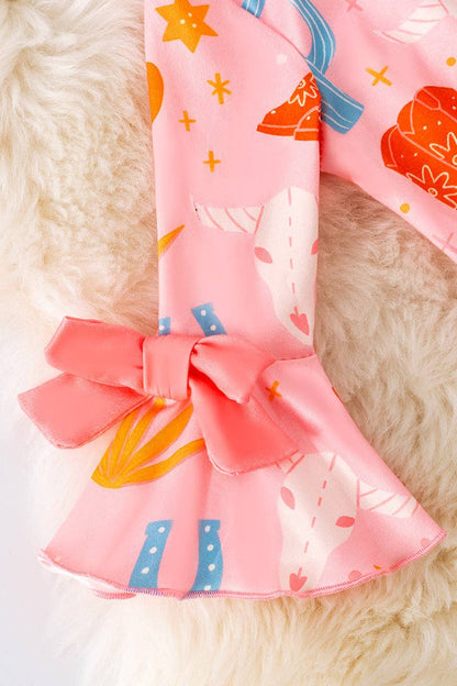 Pink & Orange western printed baby romper w/ruffle hem