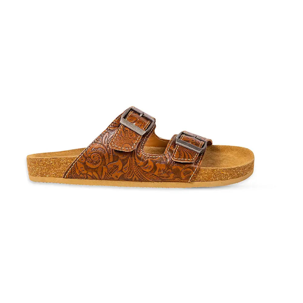 Maggie Embossed Leather Sandals [Brown]