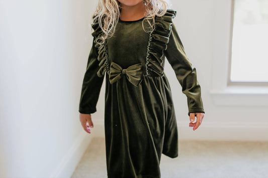 Kids Christmas Holiday Moss Velvet Bow Ruffle Dress