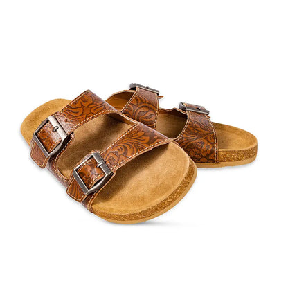 Maggie Embossed Leather Sandals [Brown]