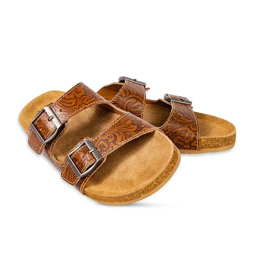 Maggie Embossed Leather Sandals [Brown]