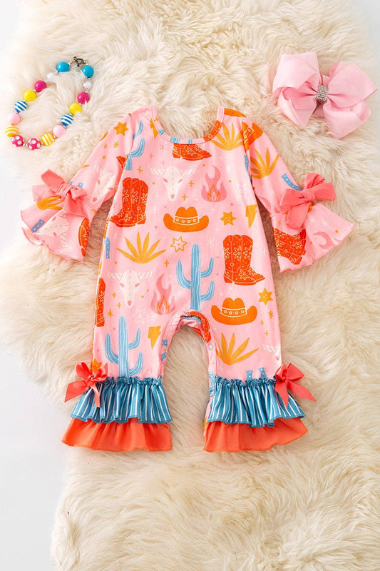 Pink & Orange western printed baby romper w/ruffle hem
