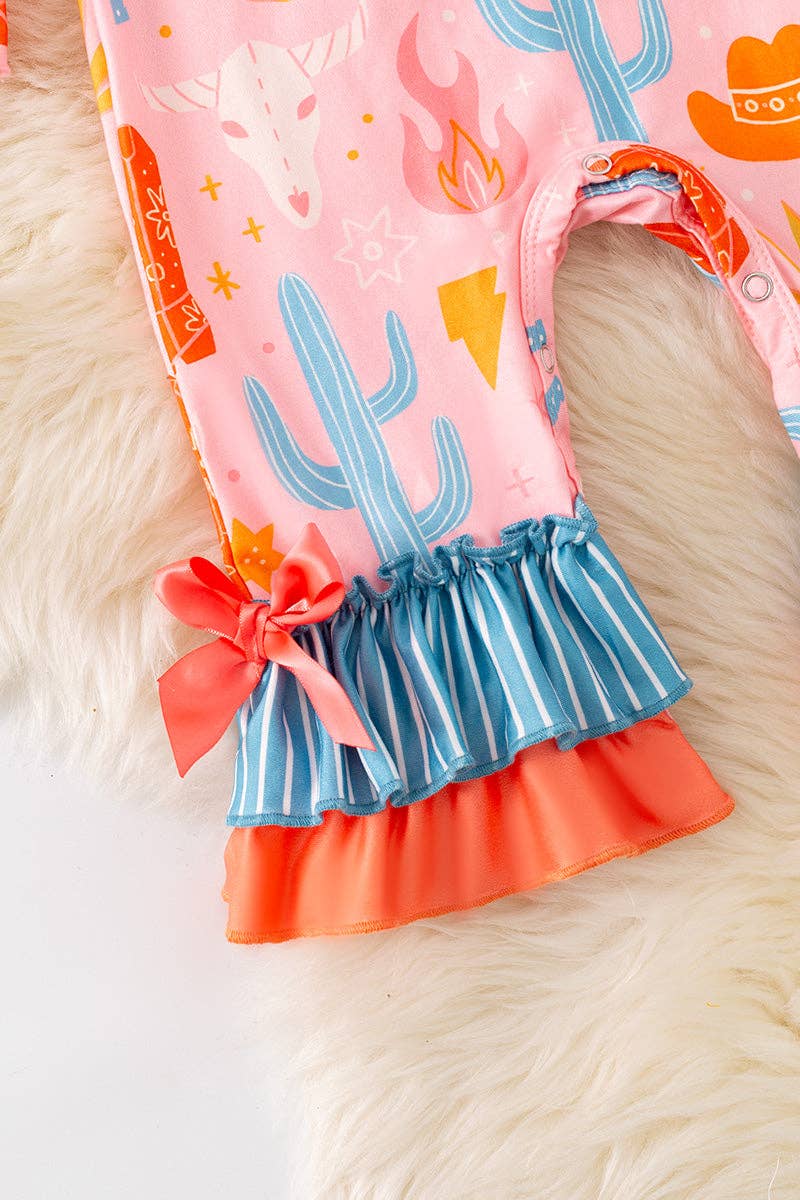 Pink & Orange western printed baby romper w/ruffle hem
