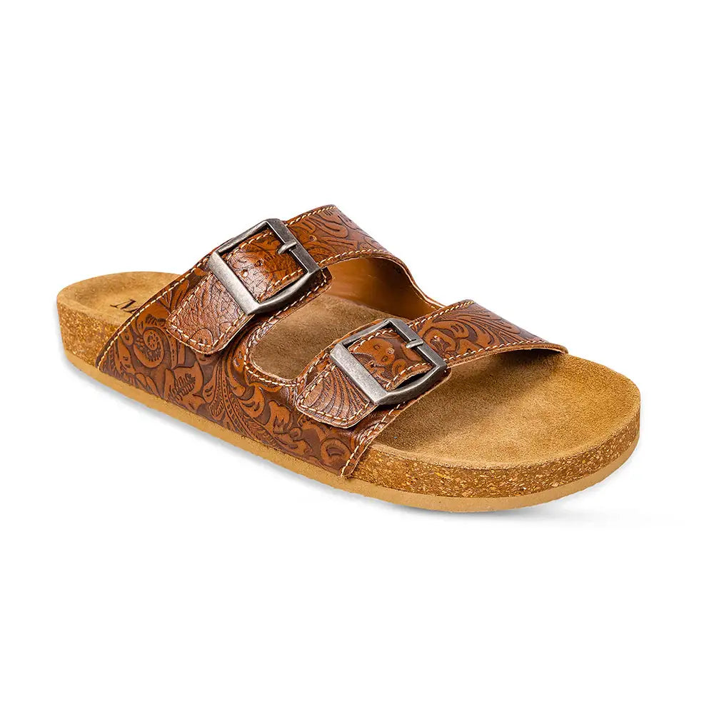 Maggie Embossed Leather Sandals [Brown]