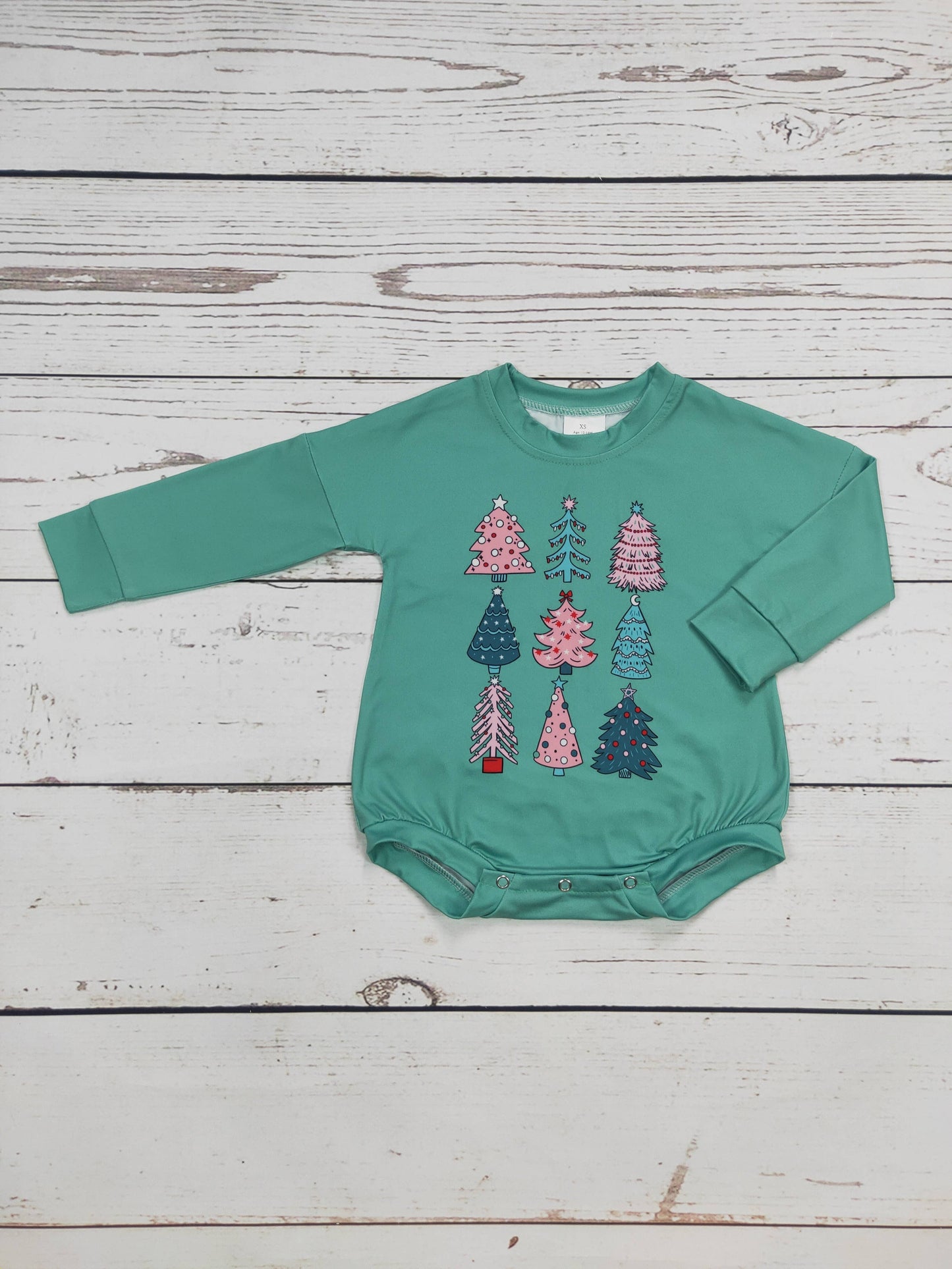 Green Baby Romper With Christmas Tree Print
