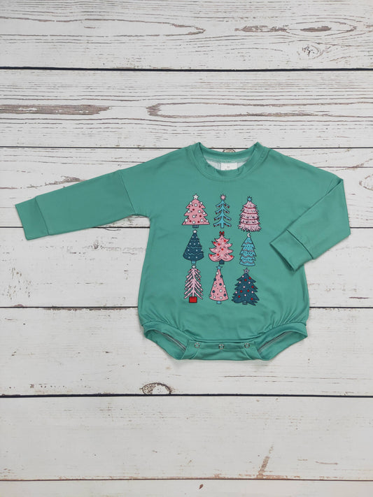 Green Baby Romper With Christmas Tree Print