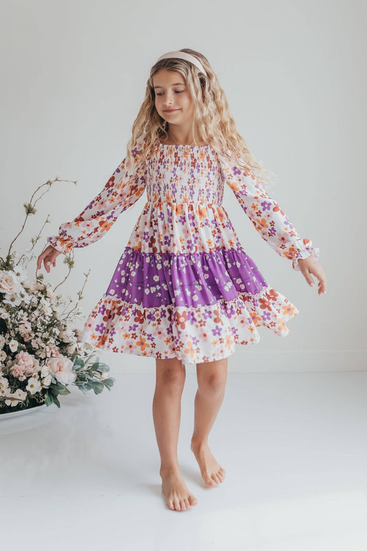 Girls Grace Lavender Flower 3 Tiered Smocked Fall Dress