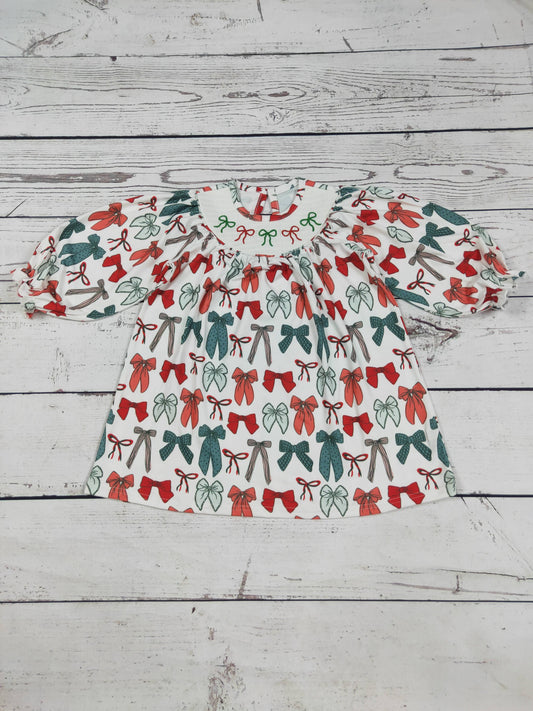 Bows Smocked Girls Christmas Dresses